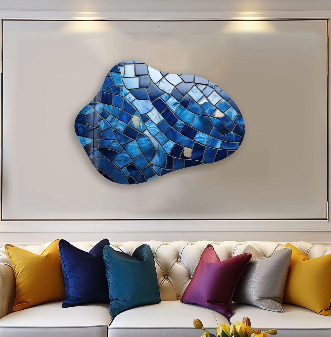 Navy Blue Mosaic Stylish Glass Wall Art, custom glass photo prints, large glass prints
