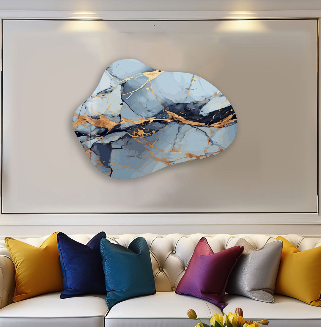 Blue & Gold Marble Irregular Glass Wall Art, custom glass photo prints, large glass prints
