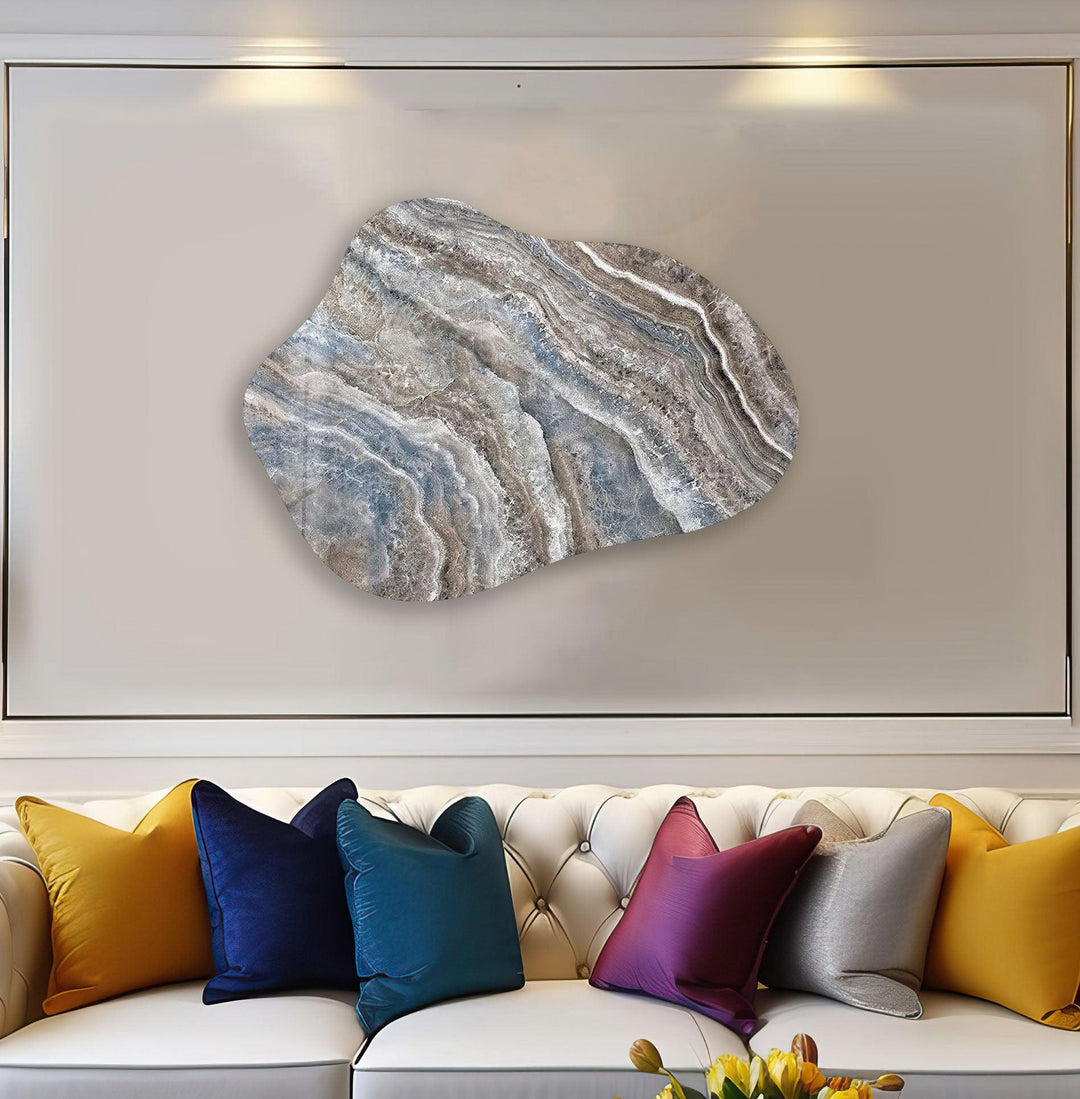 Beige & Blue Marble Irregular Glass Wall Art,  custom glass photo prints, large glass prints
