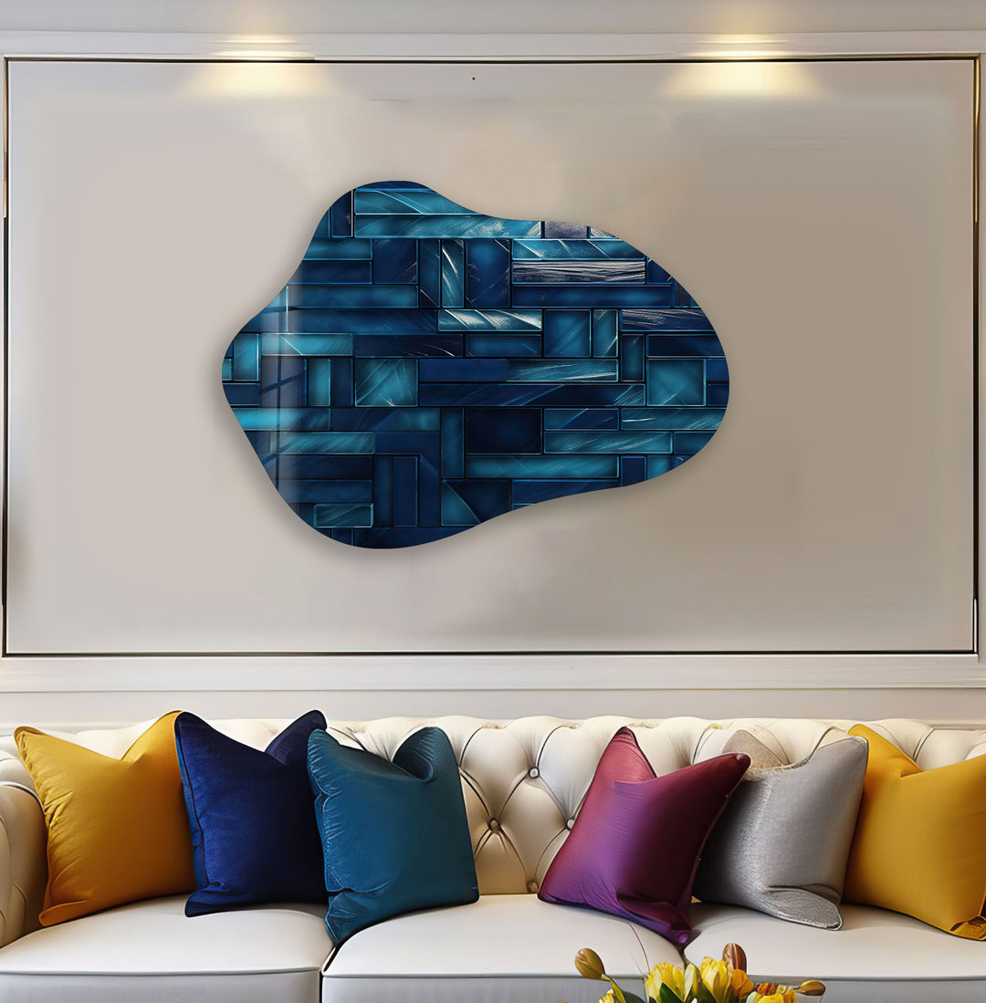 Modern Blue Mosaic Tiles Glass Wall Art, print picture on glass, Tempered Glass Wall Art
