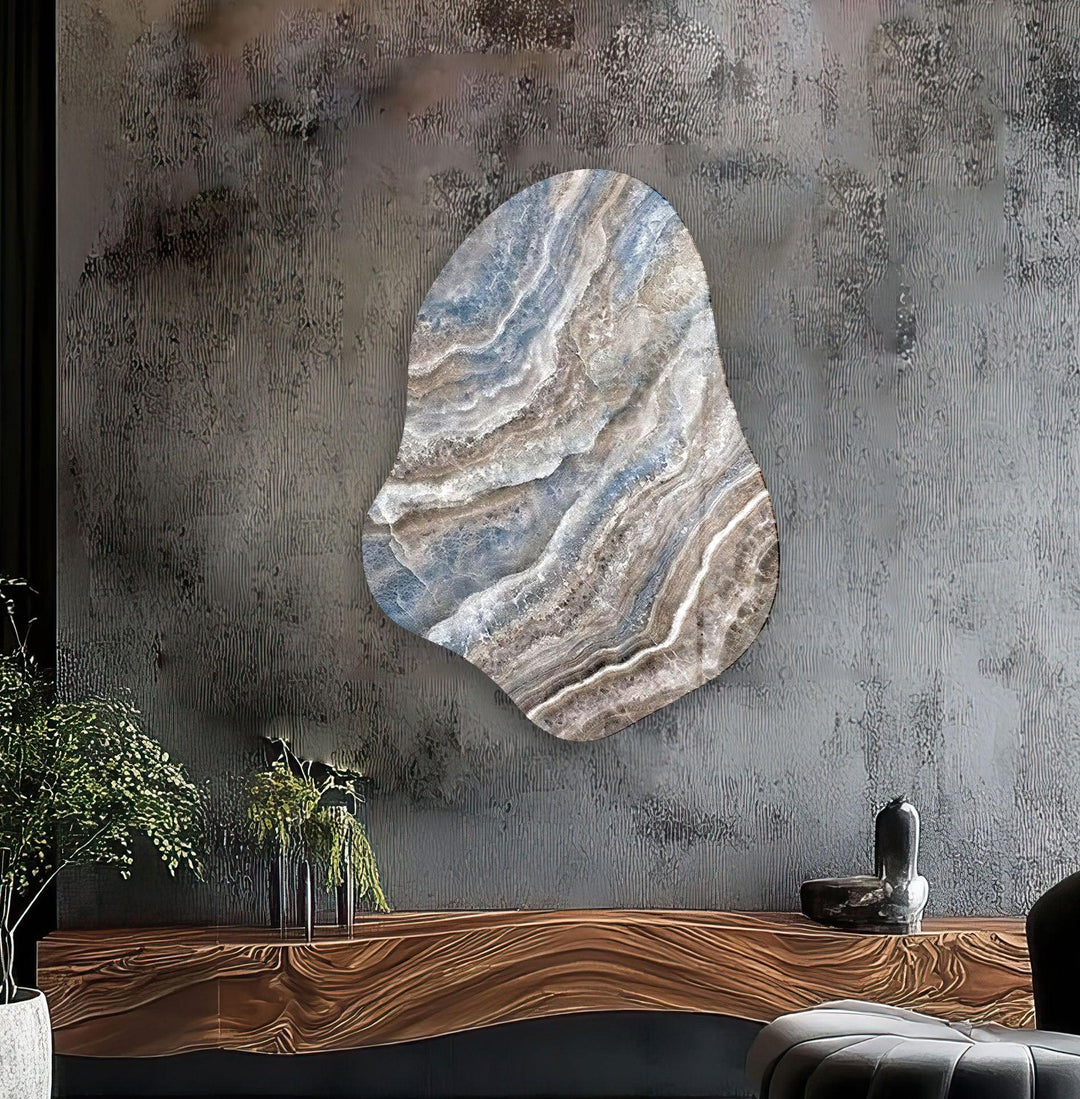 Beige & Blue Marble Irregular Glass Wall Art, glass pictures for Wall, glass prints wall art
