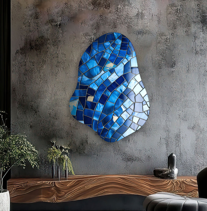 Navy Blue Mosaic Stylish Glass Wall Art, photo print on glass, prints on glass wall art
