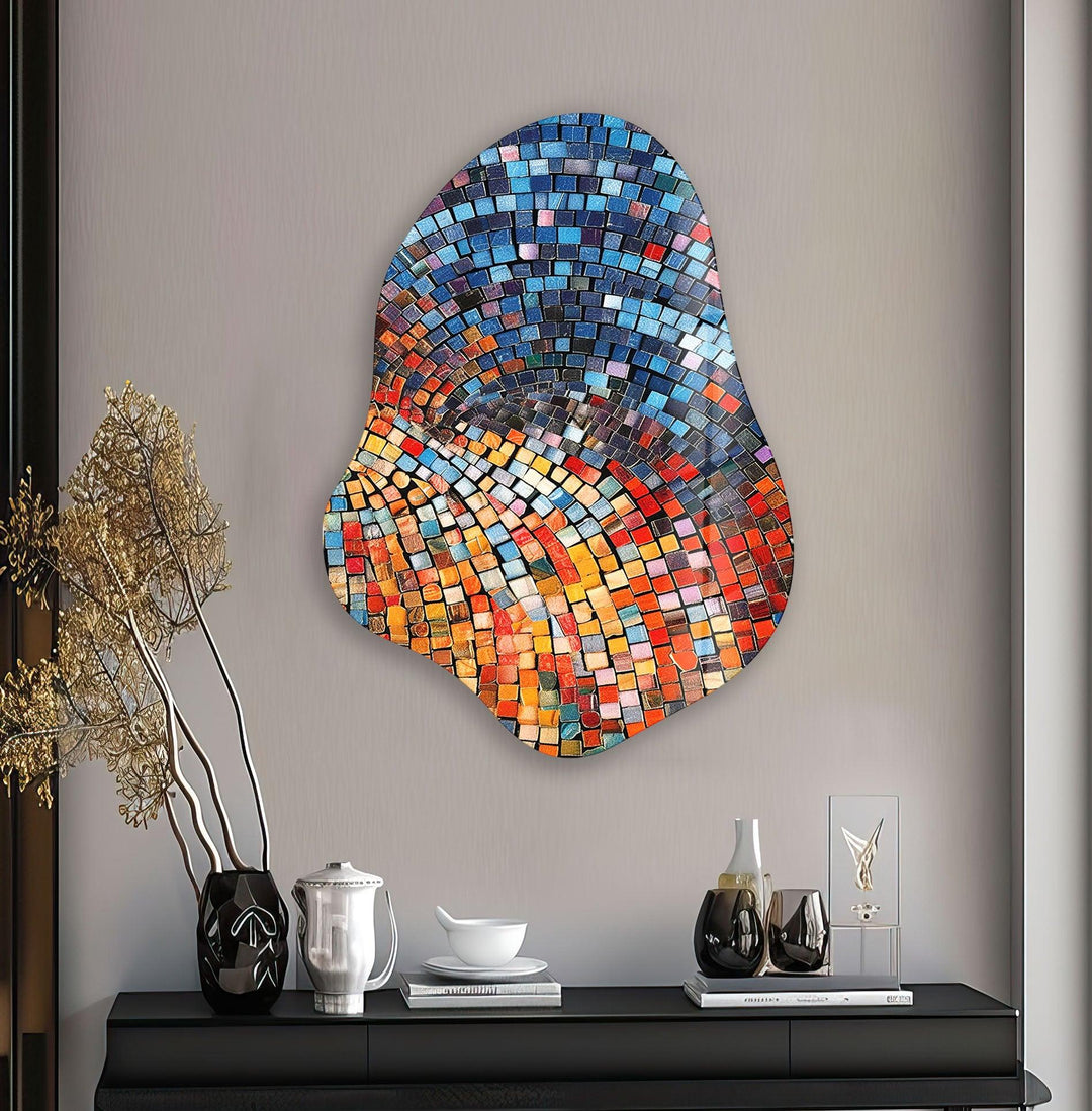 Blue Mosaic Tiles Decorative Glass Wall Art, print on glass, glass printed photos

