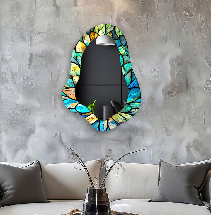 Stained Blue Leaves Irregular Wall Mirror