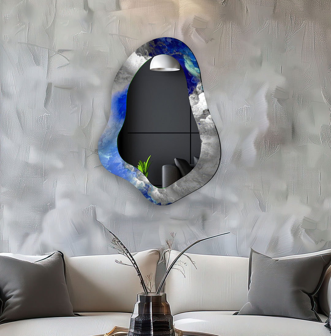 Asymmetrical Blue Abstract Glass Wall Mirror