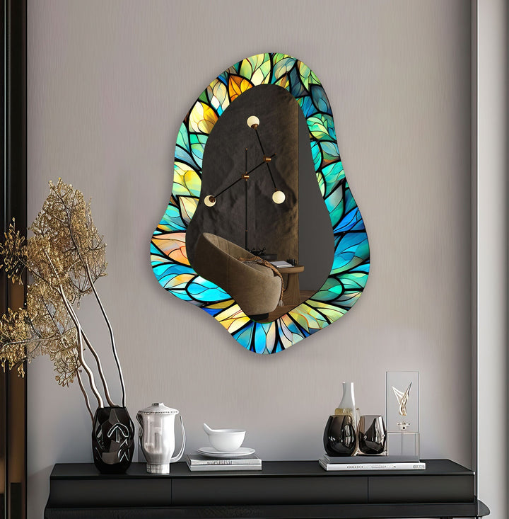 Stained Blue Leaves Irregular Wall Mirror