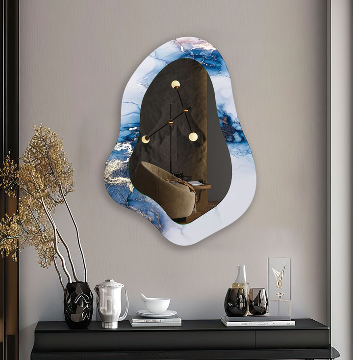 Blue Alcohol Ink Irregular Shape Wall Mirror