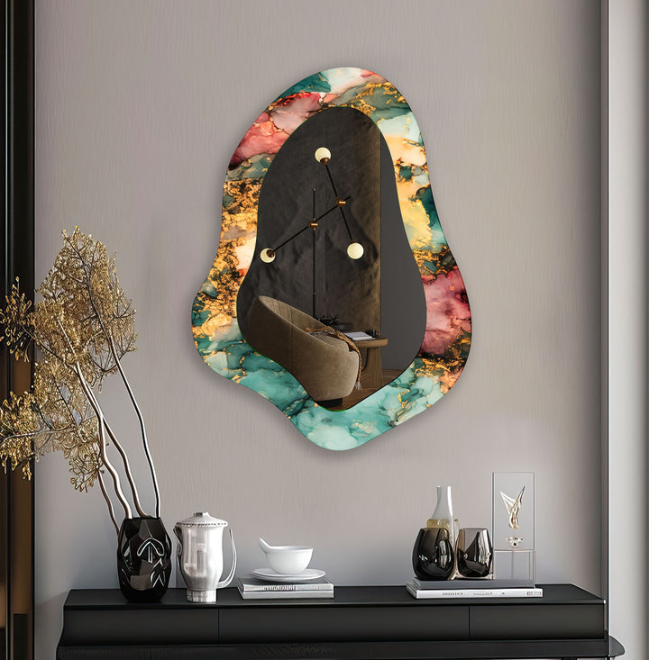 Green - Gold Alcohol Ink Modern Wall Mirror