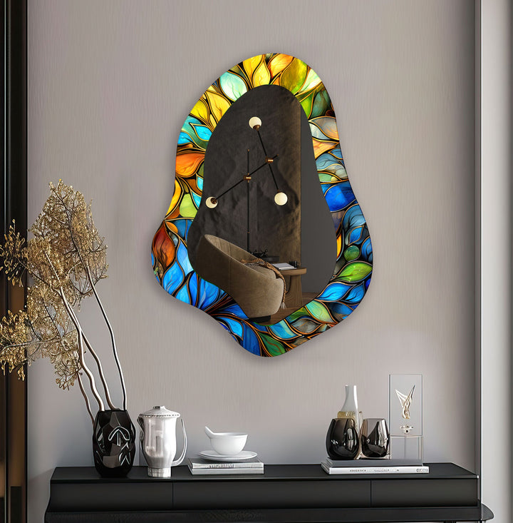 Stained Blue Leaves Decorative Wall Mirror