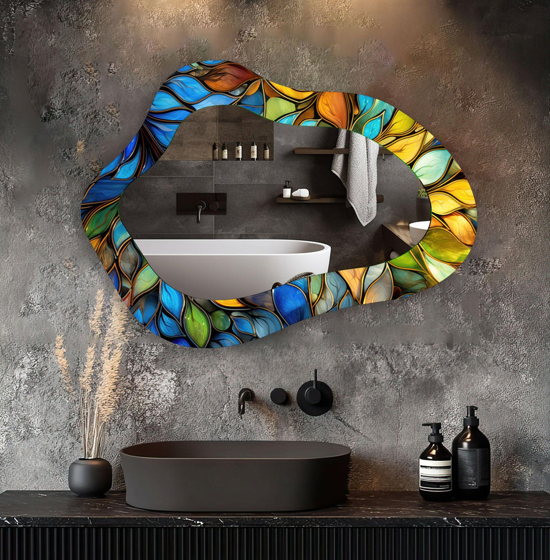 Stained Blue Leaves Decorative Wall Mirror