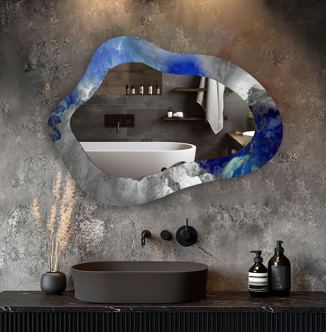 Asymmetrical Blue Abstract Glass Wall Mirror