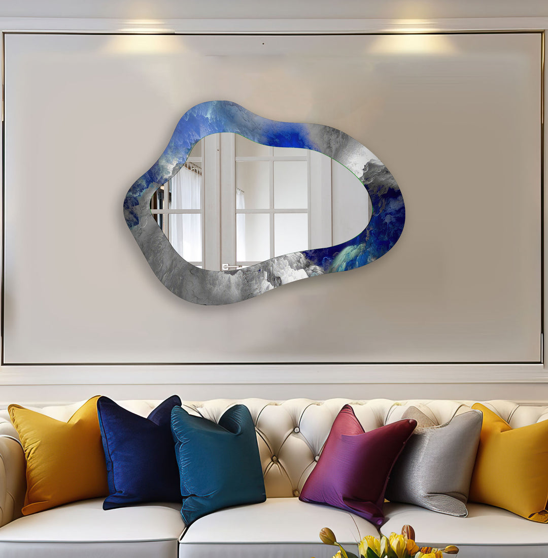 Asymmetrical Blue Abstract Glass Wall Mirror