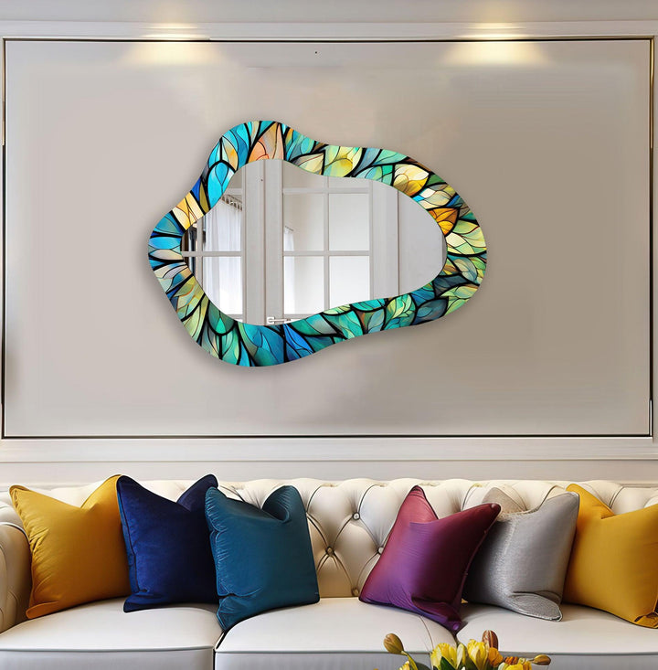 Stained Blue Leaves Irregular Wall Mirror