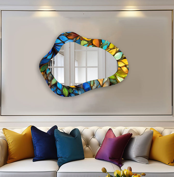 Stained Blue Leaves Decorative Wall Mirror