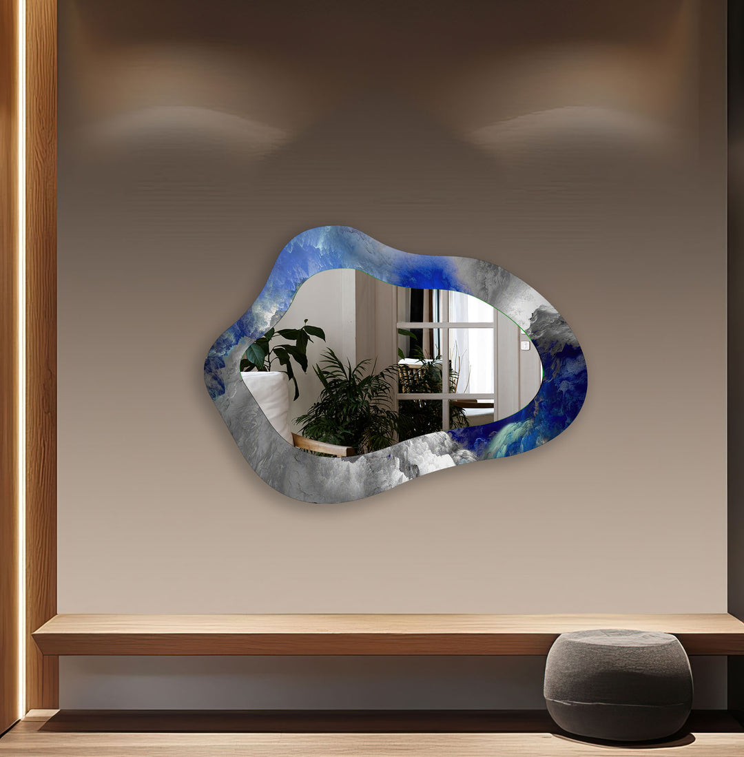 Asymmetrical Blue Abstract Glass Wall Mirror