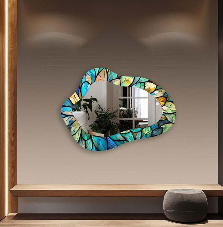 Stained Blue Leaves Irregular Wall Mirror