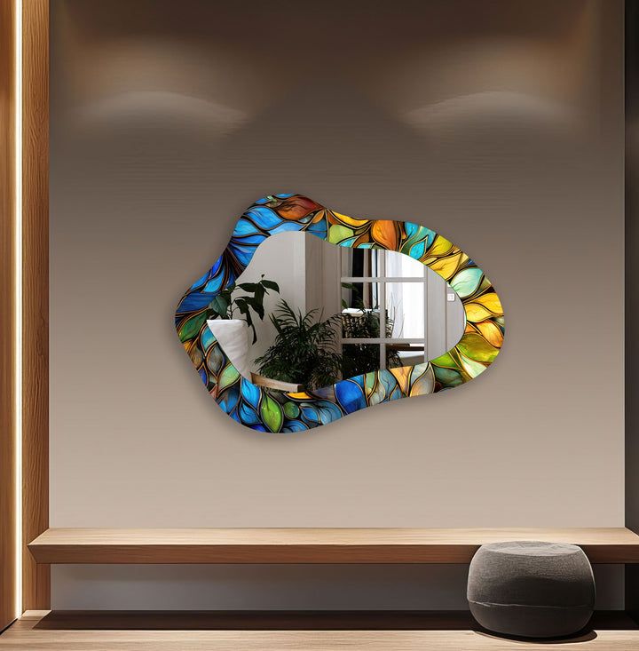 Stained Blue Leaves Decorative Wall Mirror