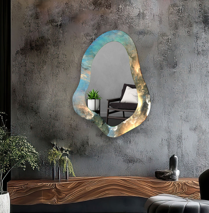 Large Abstract Blue & Yellow Decorative Wall Mirror