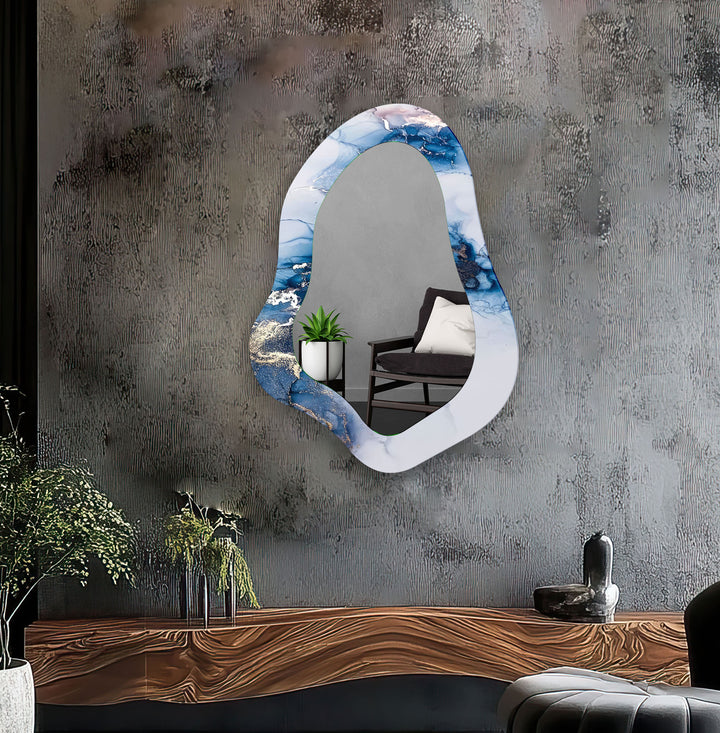 Blue Alcohol Ink Irregular Shape Wall Mirror