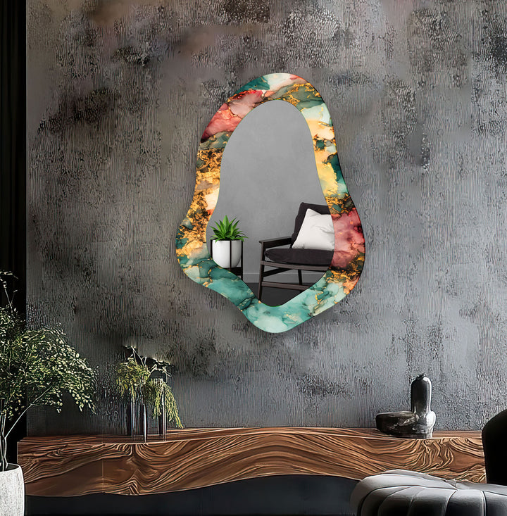 Green - Gold Alcohol Ink Modern Wall Mirror