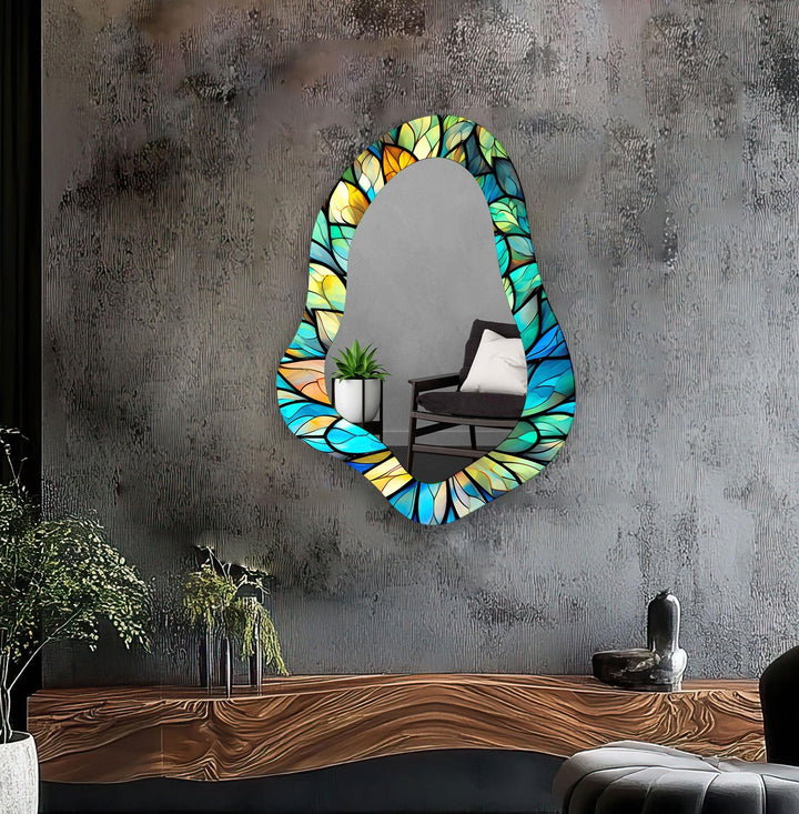 Stained Blue Leaves Irregular Wall Mirror