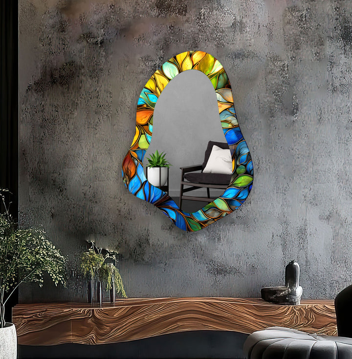 Stained Blue Leaves Decorative Wall Mirror