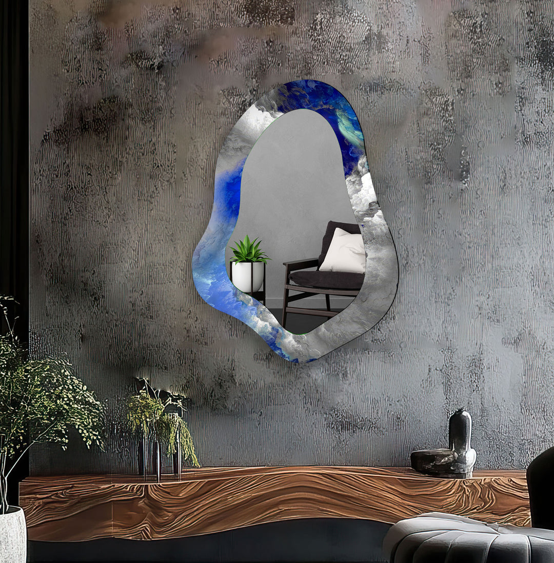 Asymmetrical Blue Abstract Glass Wall Mirror