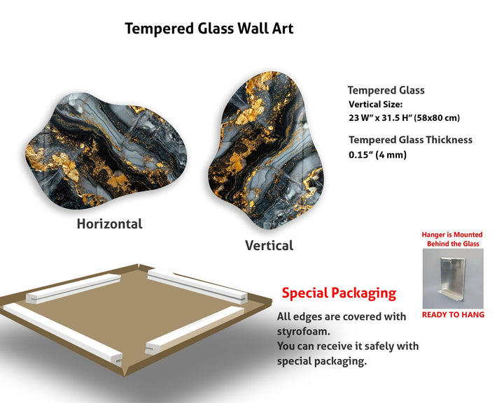 Gold & Gray Marble Irregular Glass Wall Art, custom glass pictures, glass art prints
