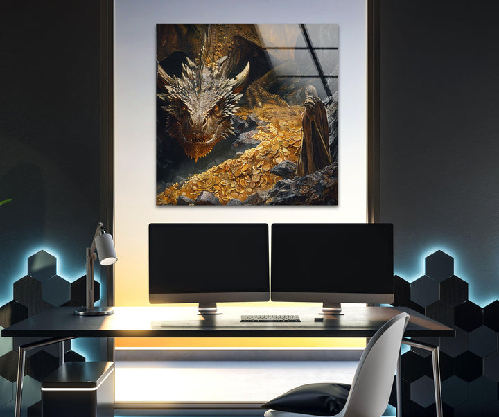 Hobbit and Dragon & Golds Glass Wall Art photo print on glass, prints on glass wall art
