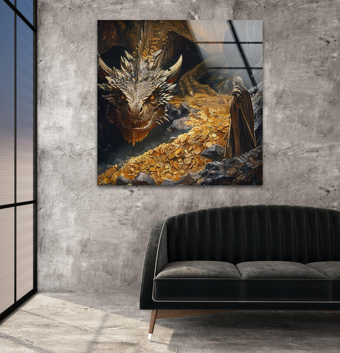 Hobbit and Dragon & Golds Glass Wall Art picture on glass wall art, photos printed on glass
