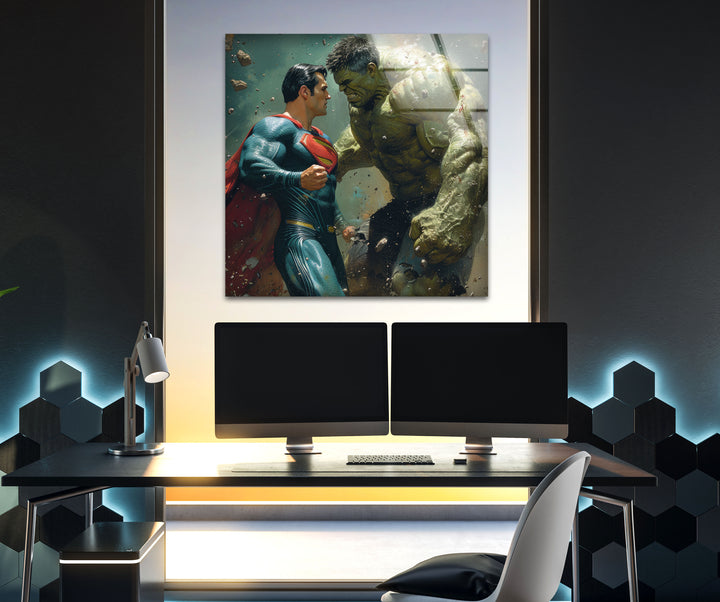 Hulk vs Superman Glass Wall Art, large glass photo prints, glass wall photos