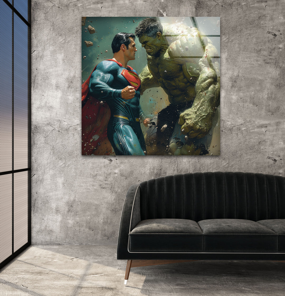 Hulk vs Superman Glass Wall Art, custom glass pictures, glass art prints