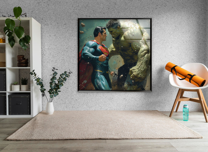 Hulk vs Superman Glass Wall Art, glass photo prints, glass picture prints