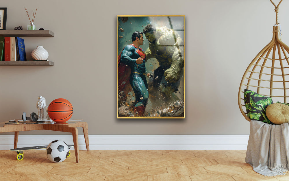 Hulk vs Superman Glass Wall Art, picture on glass wall art, photos printed on glass