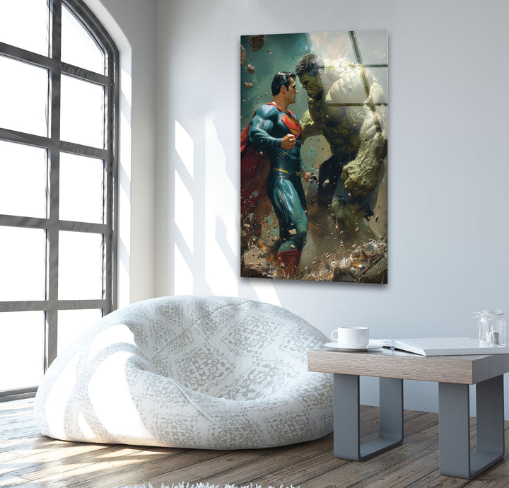 Hulk vs Superman Glass Wall Art, photo print on glass, prints on glass wall art