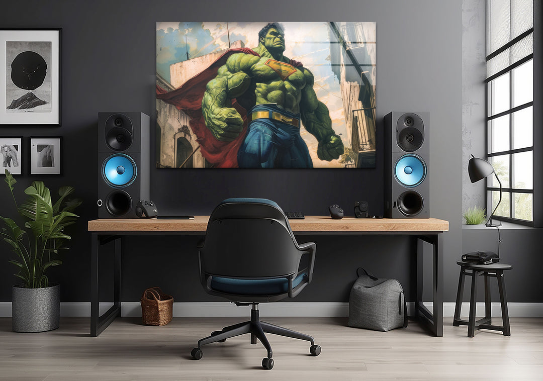 Superman Costume Hulk Glass Wall Art, large glass photo prints, glass wall photos