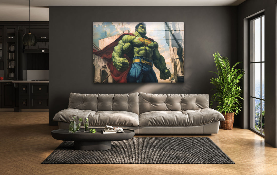 Superman Costume Hulk Glass Wall Art,glass art painting, glass art for the Wall 