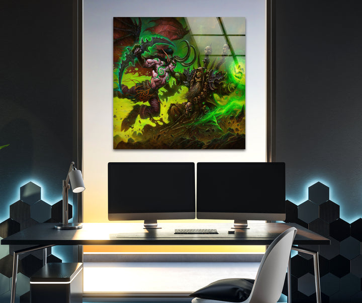 Warcraft Illidan Stormrage vs Gul'dan Glass Wall Art glass pictures for Wall, glass prints wall art
