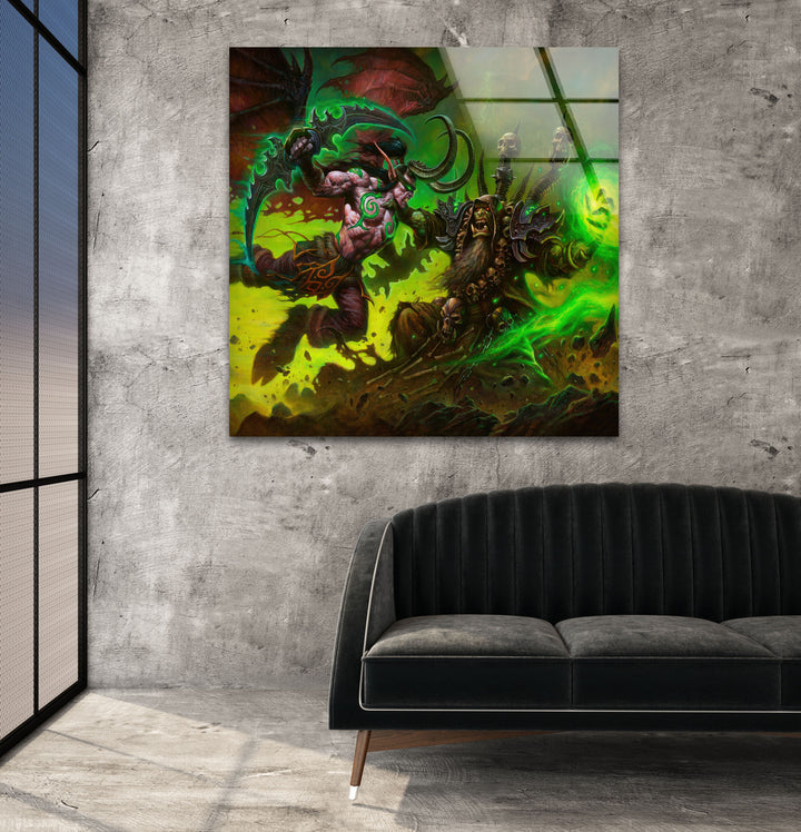 Warcraft Illidan Stormrage vs Gul'dan Glass Wall Art custom glass photo prints, large glass prints
