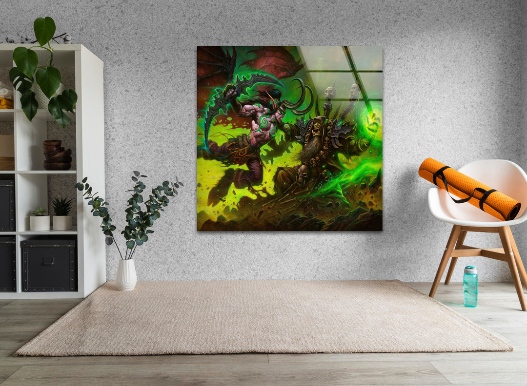 Warcraft Illidan Stormrage vs Gul'dan Glass Wall Art print picture on glass, Tempered Glass Wall Art
