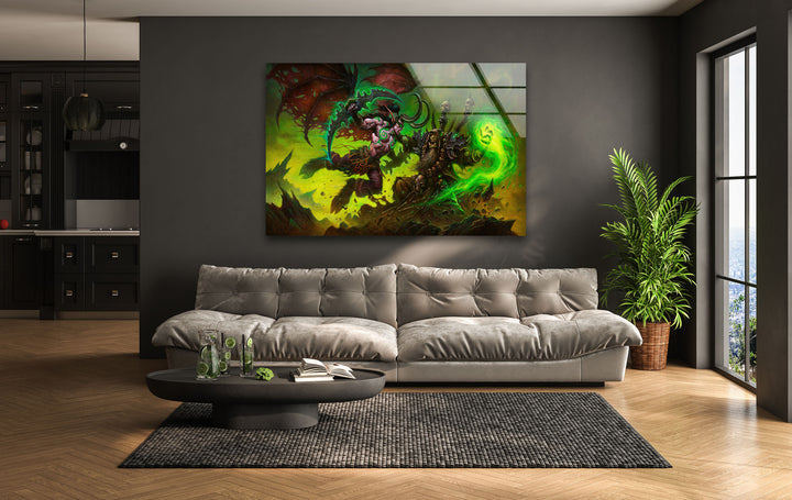 Warcraft Illidan Stormrage vs Gul'dan Glass Wall Art picture on glass wall art, photos printed on glass
