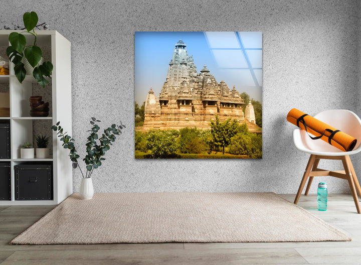 Khajuraho Temples: Detailed Architectural Masterpiece on Glass Wall Art
