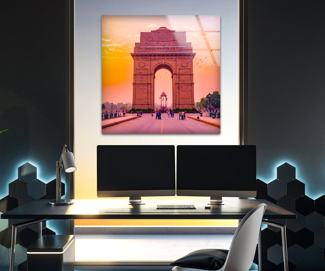 India Gate Glass Wall Art - Stunning View of Iconic Delhi Landmark at Sunset