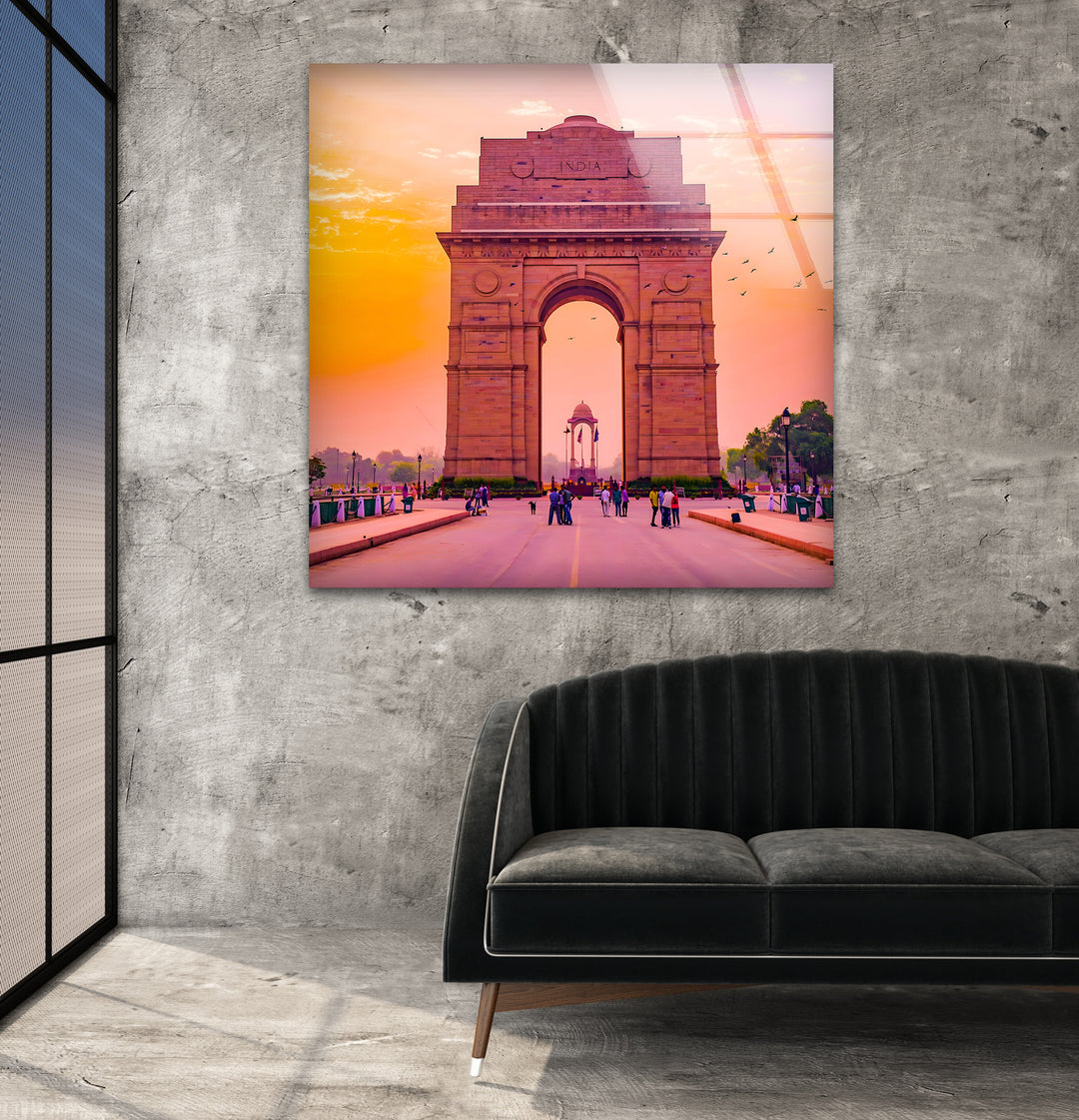 India Gate Glass Wall Art - Stunning View of Iconic Delhi Landmark at Sunset