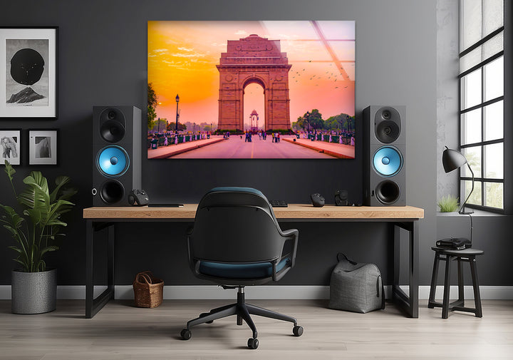 India Gate Glass Wall Art - Stunning View of Iconic Delhi Landmark at Sunset