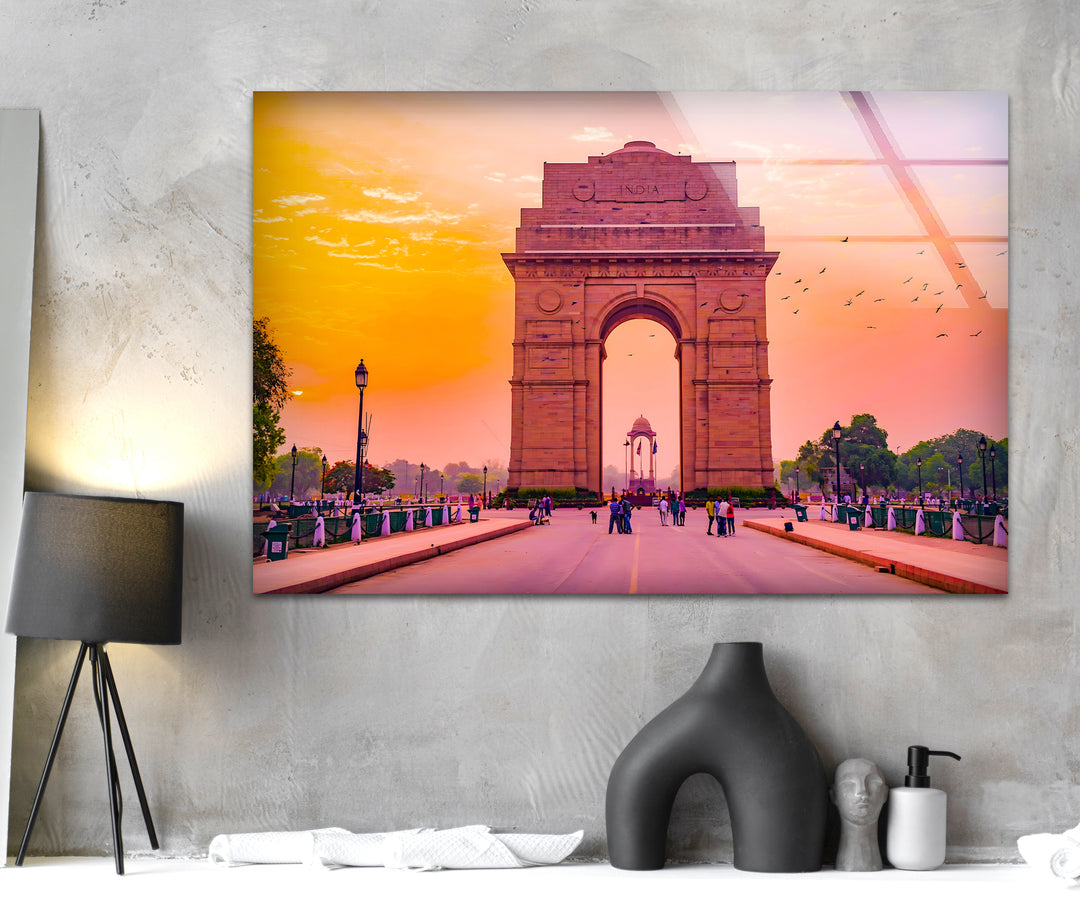 India Gate Glass Wall Art - Stunning View of Iconic Delhi Landmark at Sunset