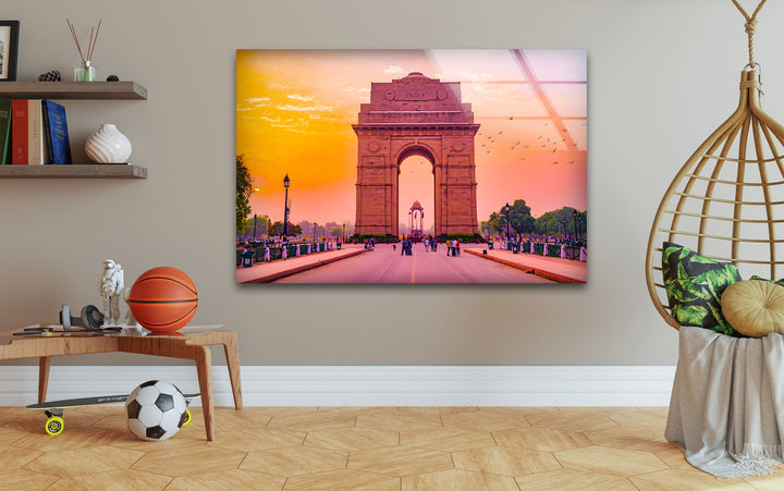 India Gate Glass Wall Art - Stunning View of Iconic Delhi Landmark at Sunset