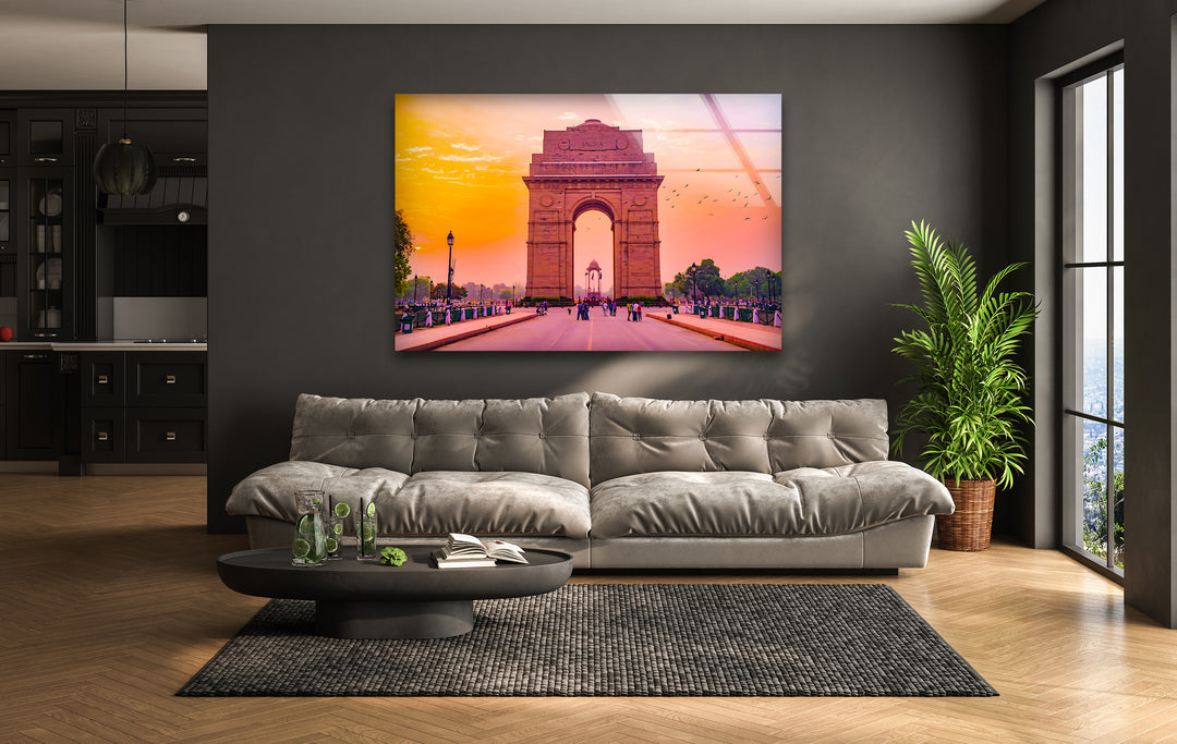 India Gate Glass Wall Art - Stunning View of Iconic Delhi Landmark at Sunset