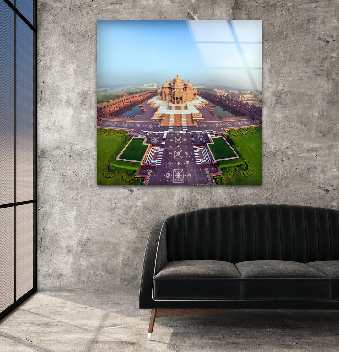 Akshardham Temple Aerial View: A Historical Landscape on Glass Wall Art
