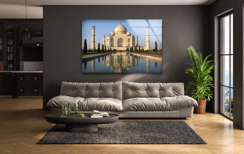 Taj Mahal's Magnificent Reflection: A Captivating View on Glass Wall Art
